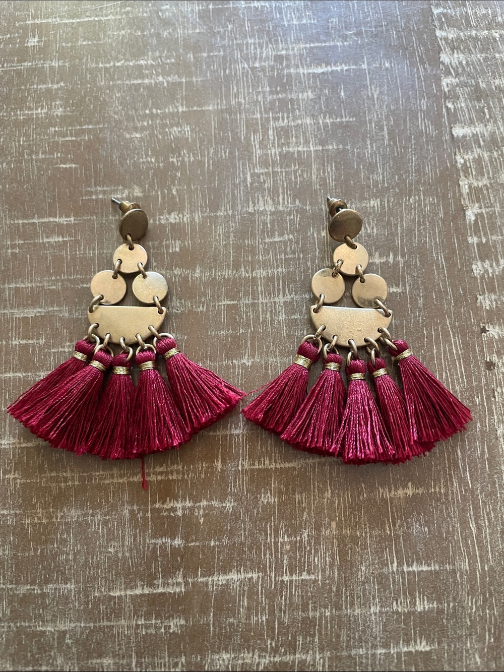 Gold Tone Boho Style Statement Earrings with Burgundy Tassels